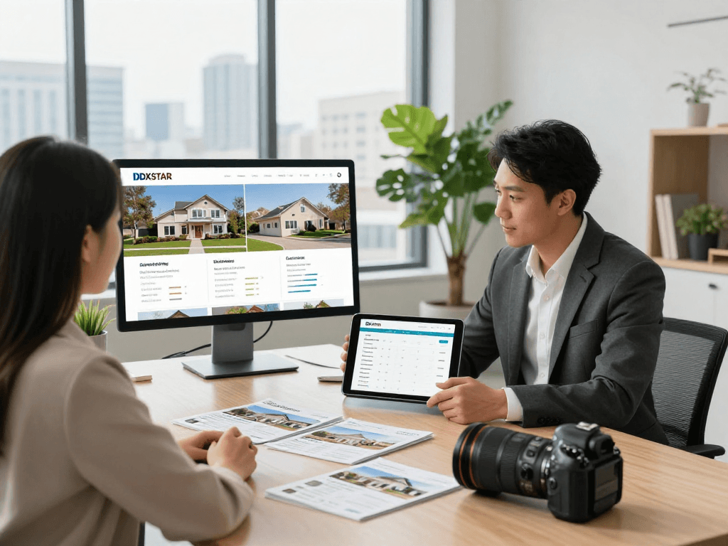 Real estate agent demonstrating IDXSTAR listings to clients in a modern office, showcasing latest market trends.
