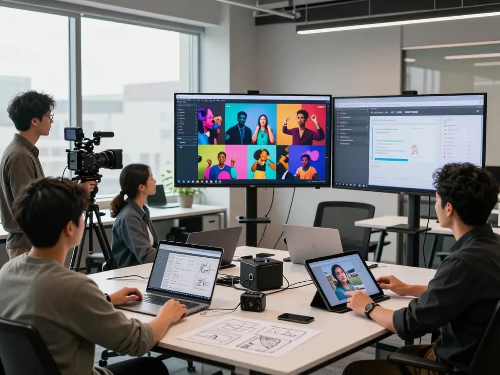 Dynamic team using Seedance AI to create captivating videos in a modern workspace.