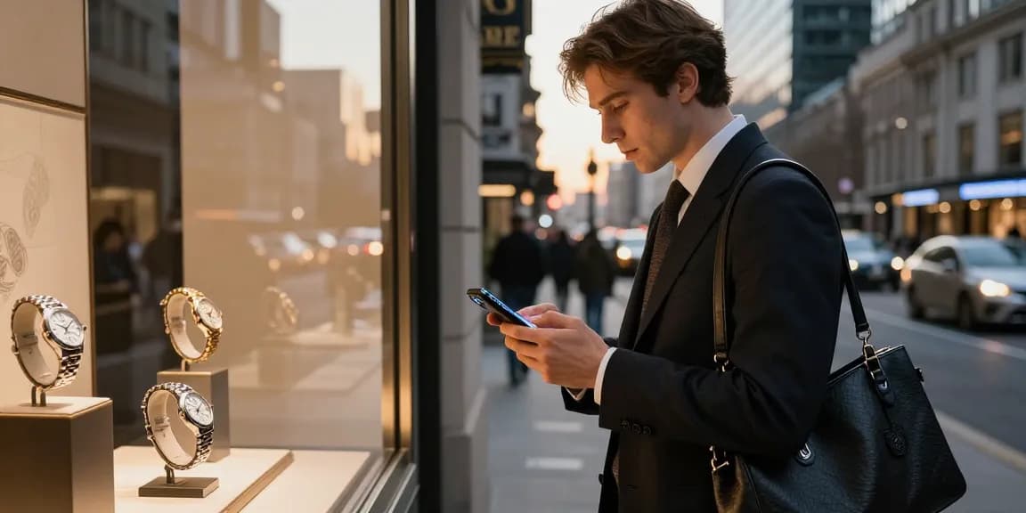 Stylish individual examining a luxury replica watch in urban setting, showcasing elegance and sophistication.