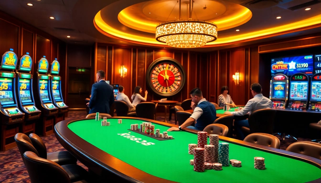 Experience high-stakes excitement in a vibrant casino scene inspired by https://luongsontv5.com/ featuring poker chips and a spinning roulette wheel.