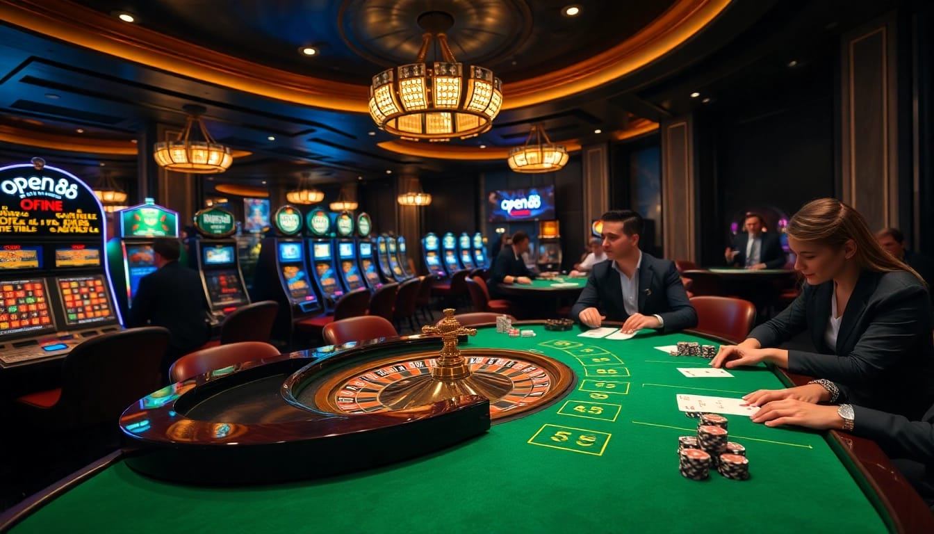 Experience the excitement of open88 with high-stakes poker and roulette in a luxurious casino setting.