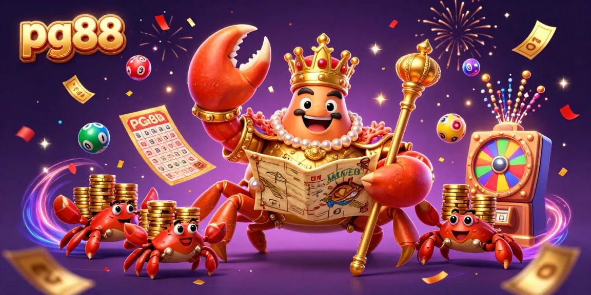 Participate in thrilling games at pg88 featuring a golden crab and vibrant casino elements.