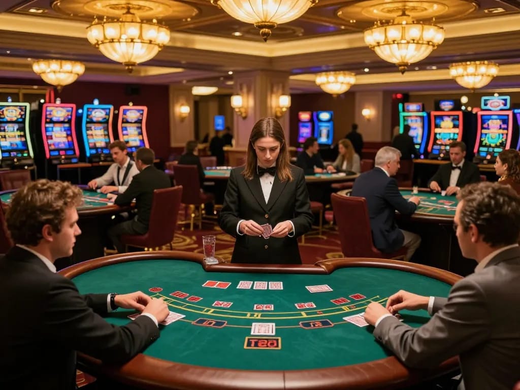 Players strategizing at LV88 blackjack tables in a luxurious casino setting, showcasing competitive excitement and social interaction.