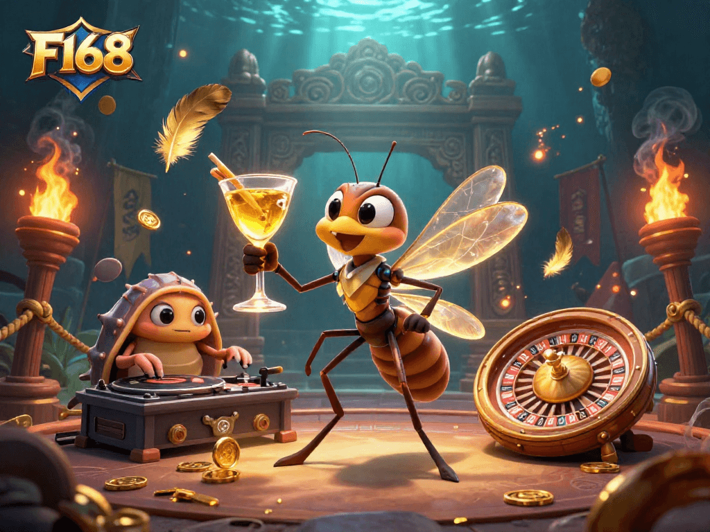Experience the excitement of F168 with our vibrant casino-themed illustration showcasing unique characters and gaming elements.
