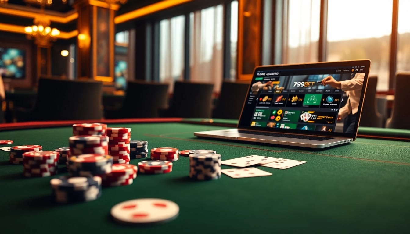 Experience the excitement of 789BET with a luxurious casino scene showcasing gambling tables and online gaming.