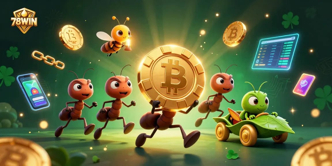 78WIN showcases a vibrant, animated 3D scene with ants stealing a golden poker chip, symbolizing thrilling gaming action.