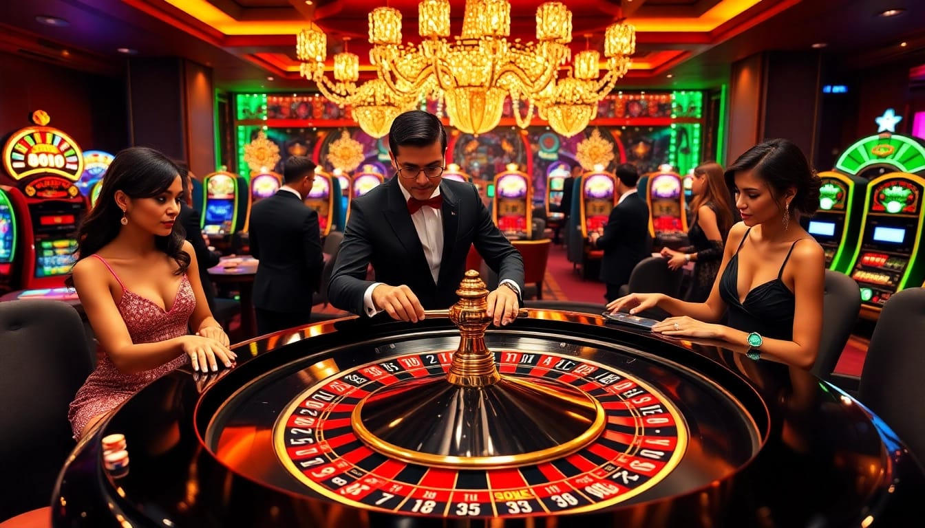 Experience the thrill of 8DAY casino games with vibrant roulette and glamorous players.