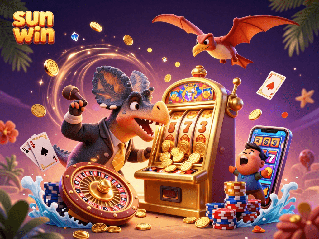 Experience a thrilling jackpot with sun win in this rich 3D casino scene featuring dinosaurs!