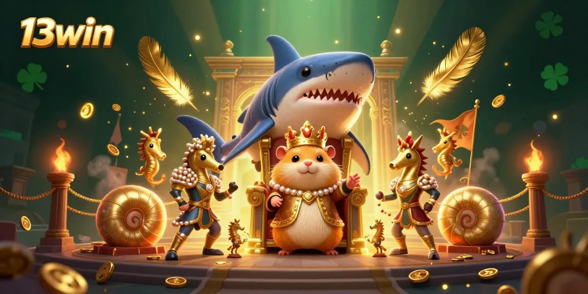 Engage in the thrilling world of 13win with a golden hamster king on a megalodon throne surrounded by vibrant casino elements.