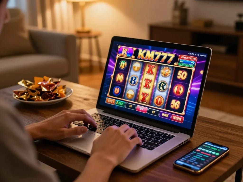 Engaging online gaming moment featuring KM777 casino play on a laptop in a cozy home setting.