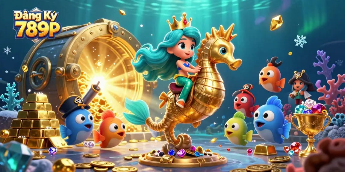 Engage in thrilling gameplay at Đăng Ký 789P with a mermaid princess riding a seahorse amidst treasures.