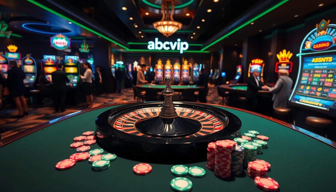 Experience the thrill of gambling with abcvip in a luxurious casino setting with games and vibrant visuals.