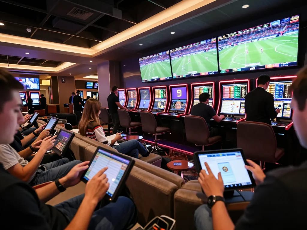Experience thrilling sports betting excitement at 789WIN in a modern casino lounge