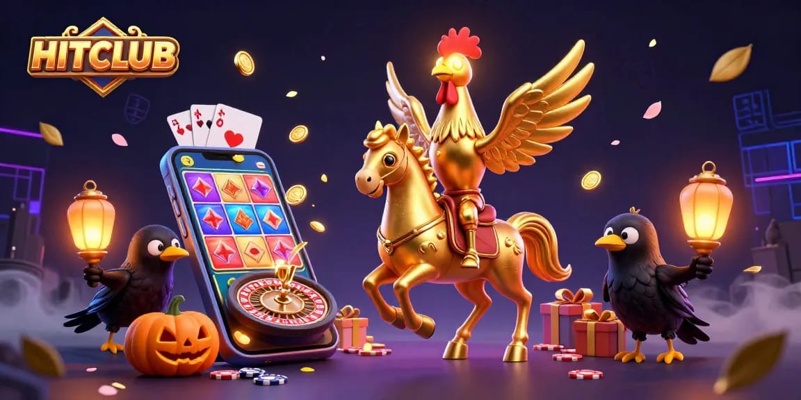 Experience the thrill of HITCLUB with vibrant casino activities in an enchanting 3D scene.