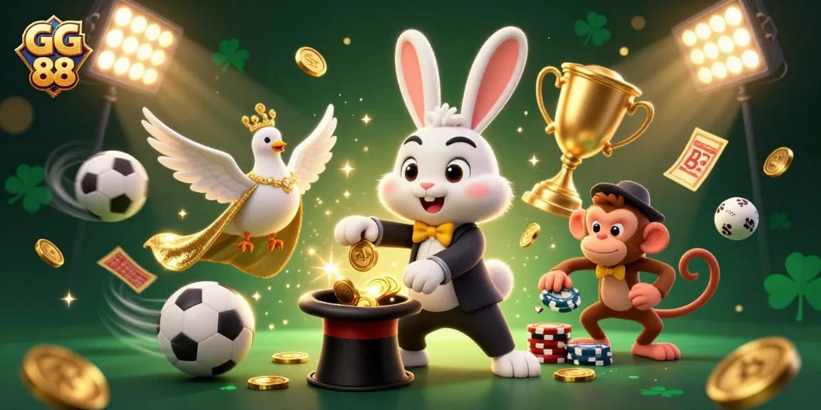 Experience exciting gaming action at GG 88 with the magician pulling coins and characters celebrating wins.