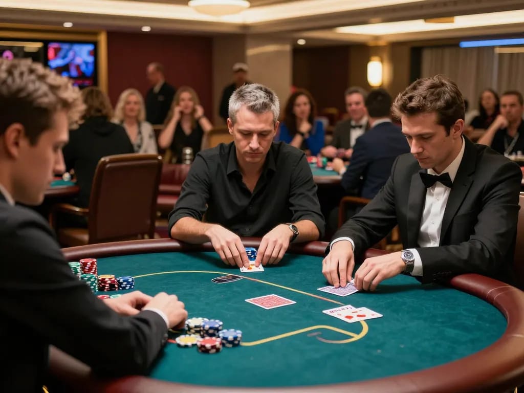 Players engaging in a strategic poker game at gamebaidoithuong8, showcasing high stakes and deep focus.