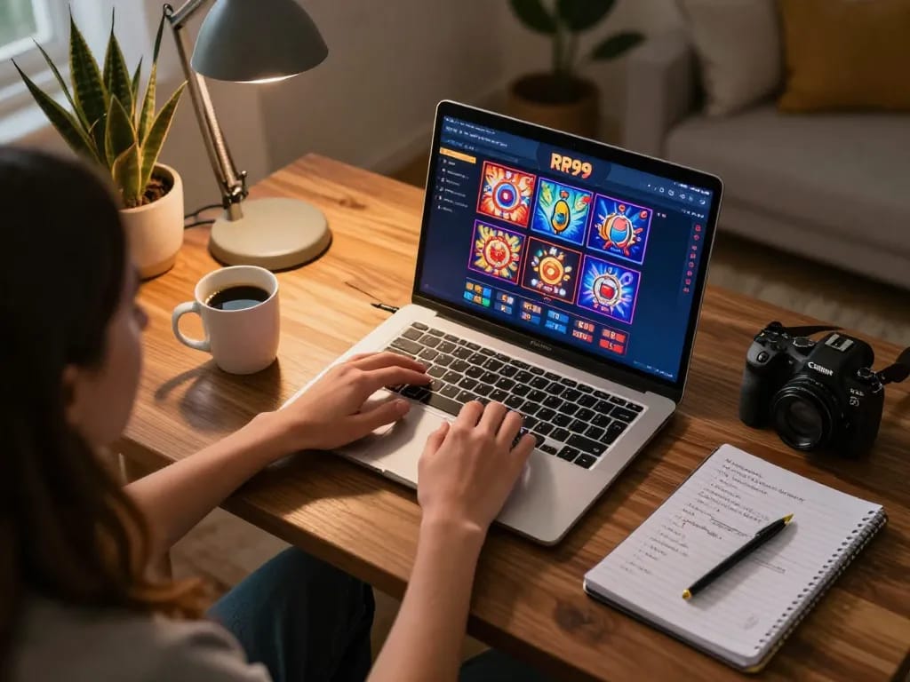 Player enjoying RR99 online casino game on laptop with strategic notes in cozy home setting