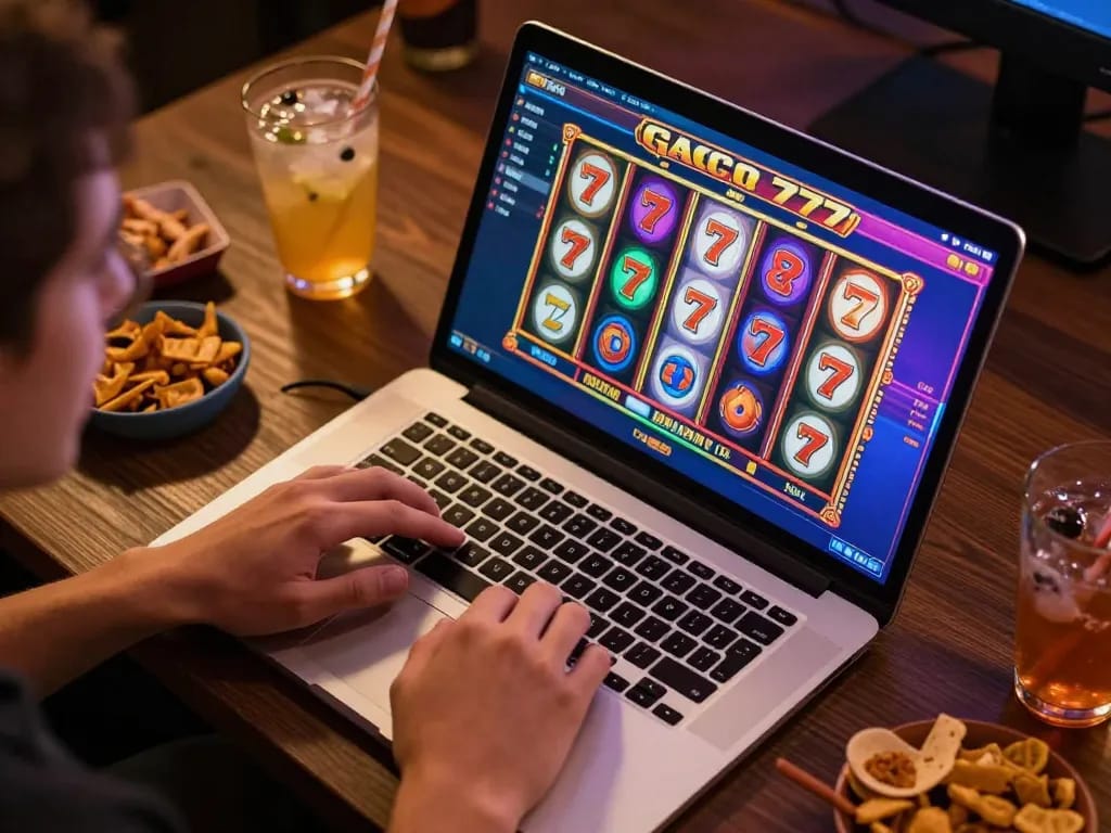 Player engaging with slot gacor 777 game on laptop, bright visuals and snacks around.