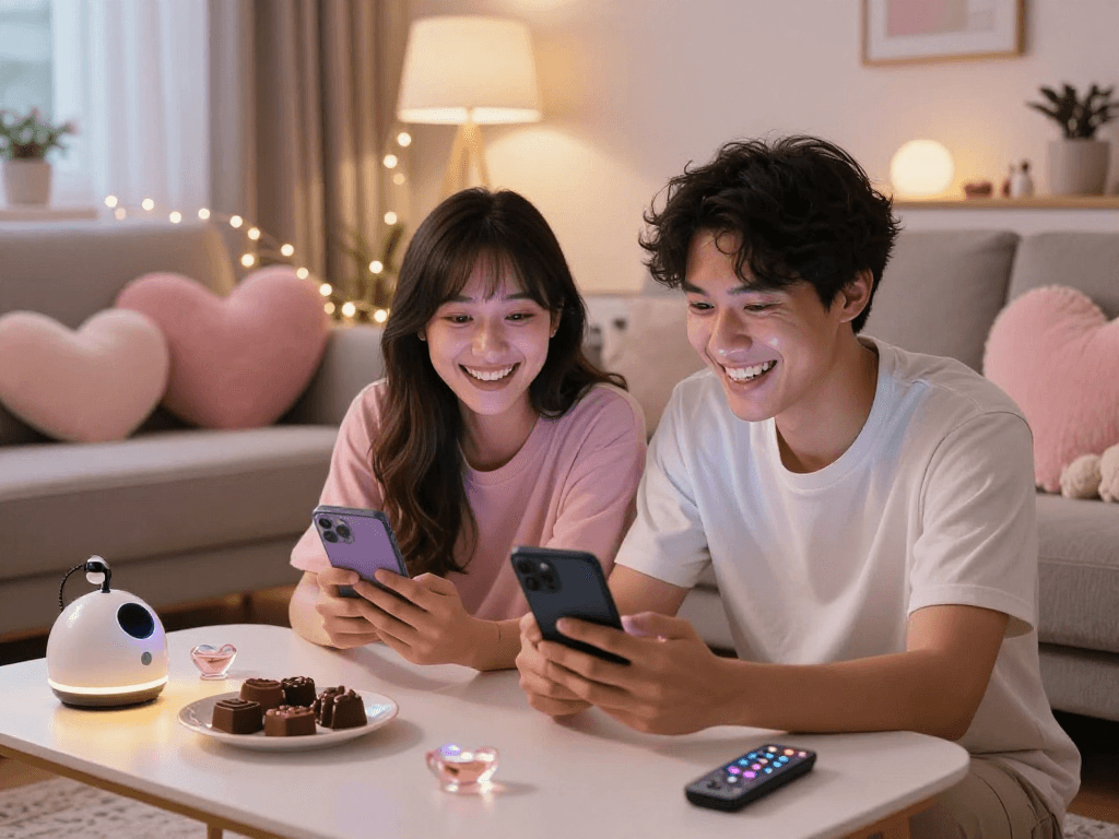 Couple enjoying ai chat porn on smartphones in a cozy living room