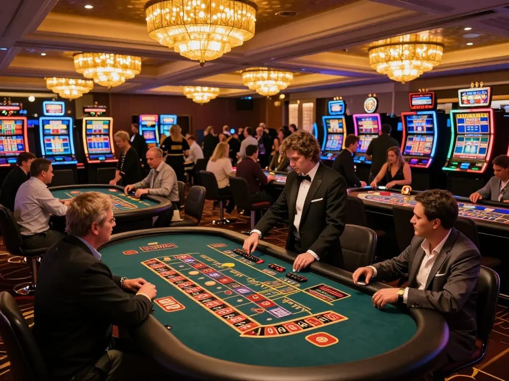 Players enjoying the excitement of Win88 casino games at a bustling venue with vibrant atmosphere