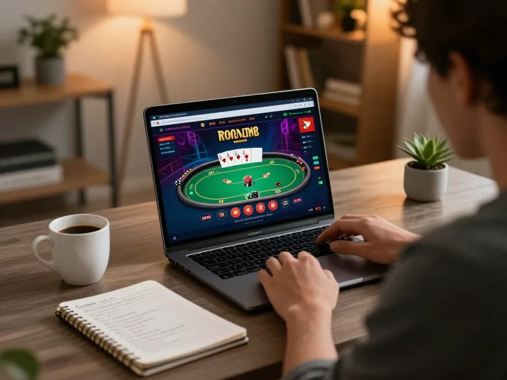 Engaging in an online poker game at home with VSBET on a laptop, showcasing responsible gaming practices.