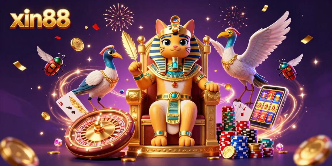 Experience the excitement of xin88 with a vibrant casino scene featuring a pharaoh cat and sparkling games.