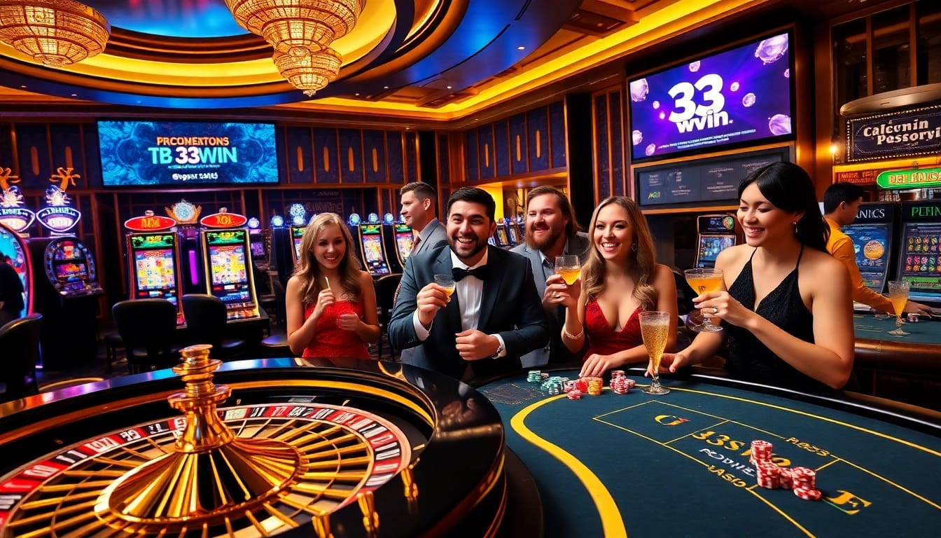 Experience the vibrant excitement of 33win with players engaged at a stylish casino.