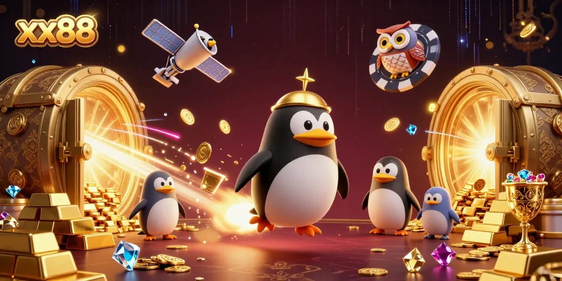 Experience the thrill of xx88 with a penguin rocket blasting towards a casino space station amidst gleaming treasures.