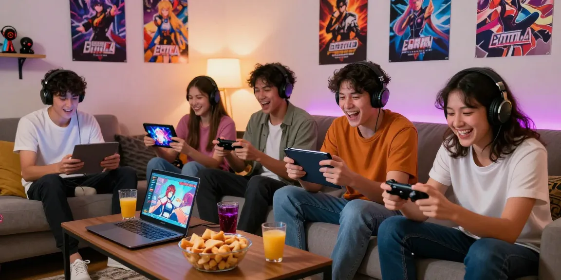 Young adults enjoying a hentai game night in a cozy living room with gaming devices and snacks.