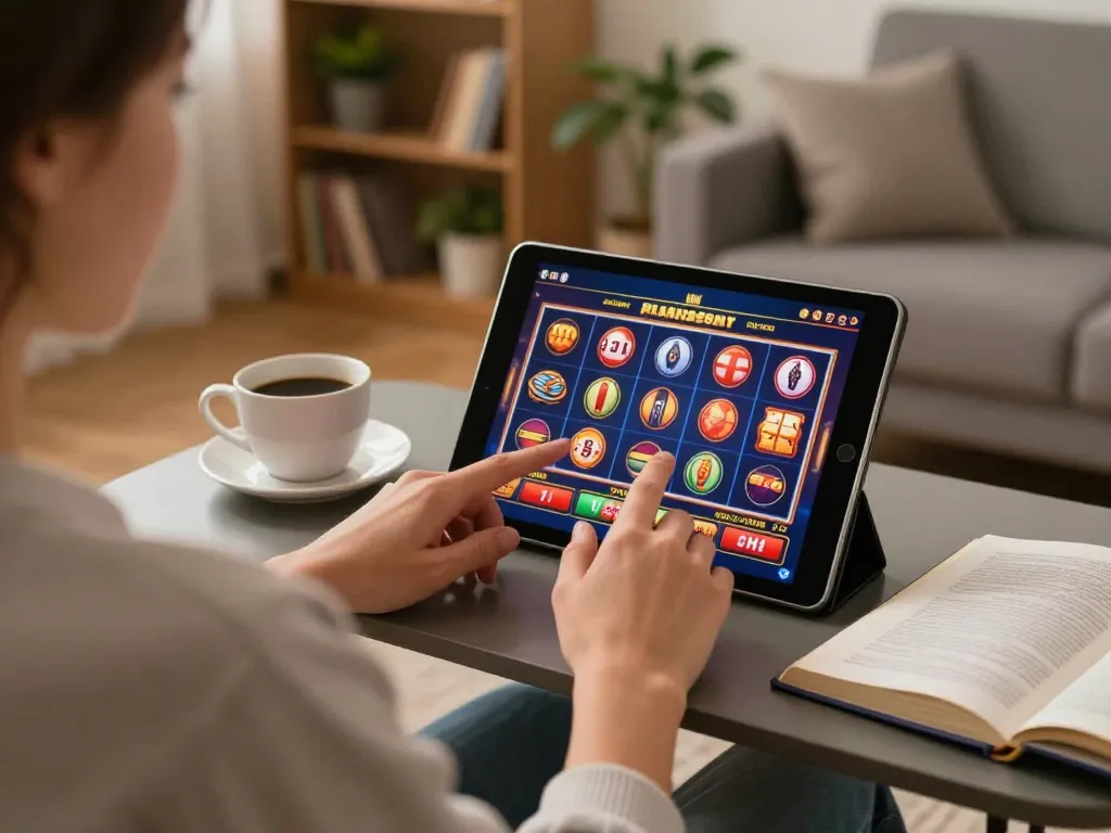 Pemain yang terlibat menikmati permainan slot toto di tablet dalam suasana rumah yang nyaman.
