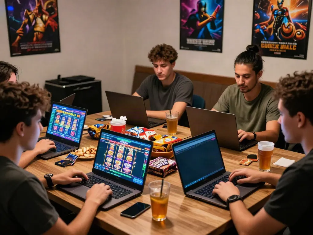 Friends enjoying games at online credit card casinos with laptops and snacks.