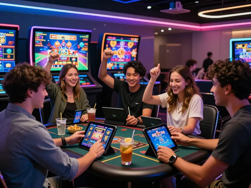 Friends celebrating a win while playing gem88 games online in a vibrant casino setting.