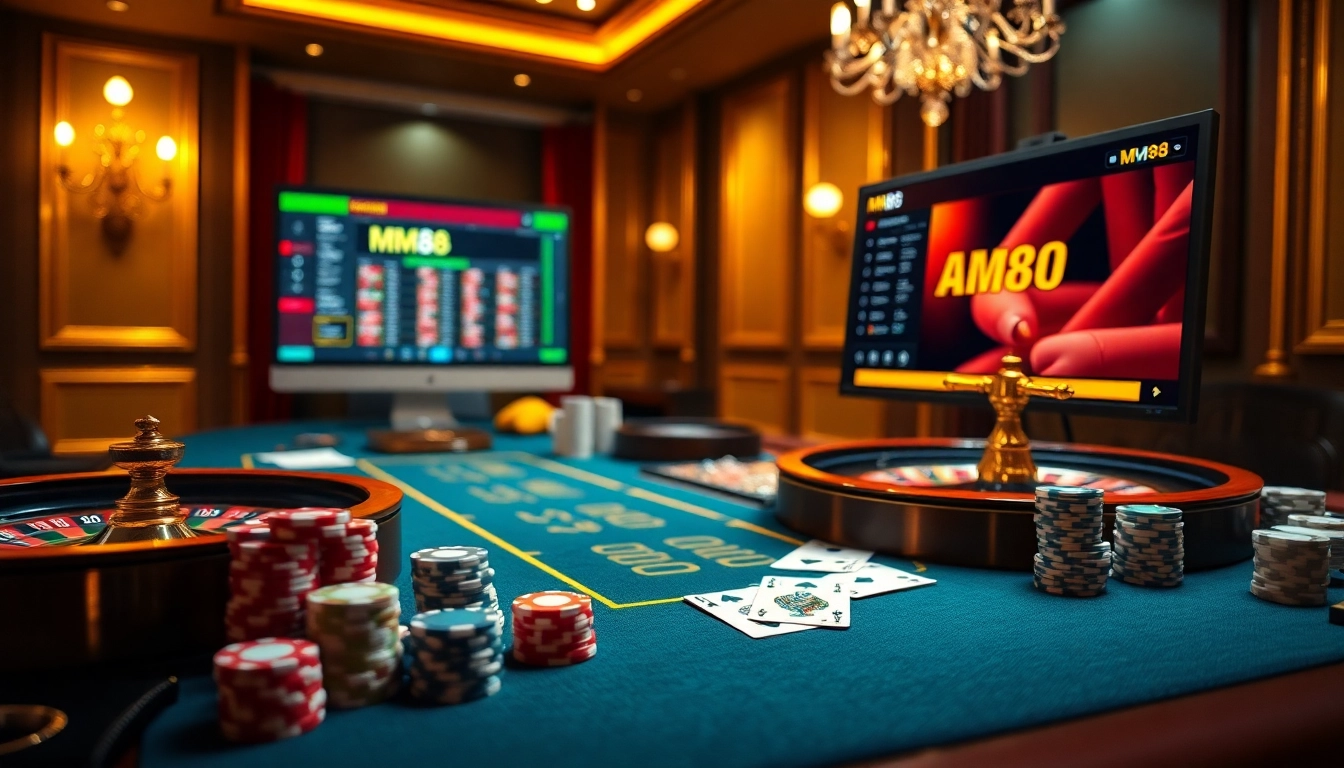 Experience thrilling gameplay at MM88, featuring vibrant casino elements like cards and chips.
