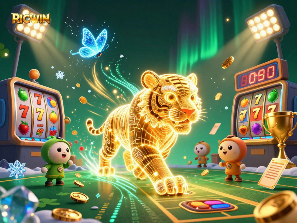 Engage with RICWIN’s electric casino scene featuring a neon tiger and vibrant game elements.