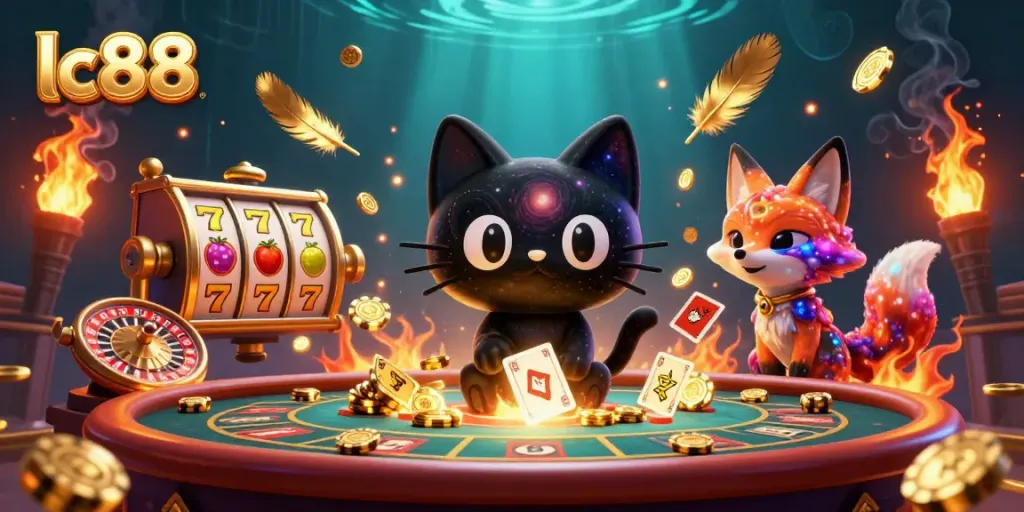 Experience the thrilling lc88 cosmic casino scene filled with golden chips and colorful characters.