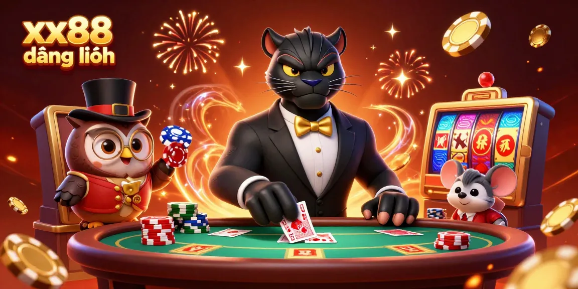 Experience excitement with xx88 đăng nhập as a stylish black panther deals cards amidst a vibrant casino scene.