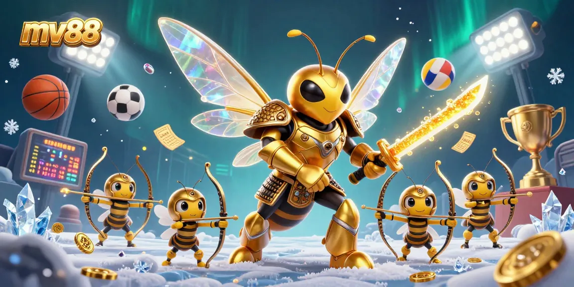 Experience the excitement of mv88’s dynamic betting scene with a golden hornet and bee archers, embodying energy and strategy.
