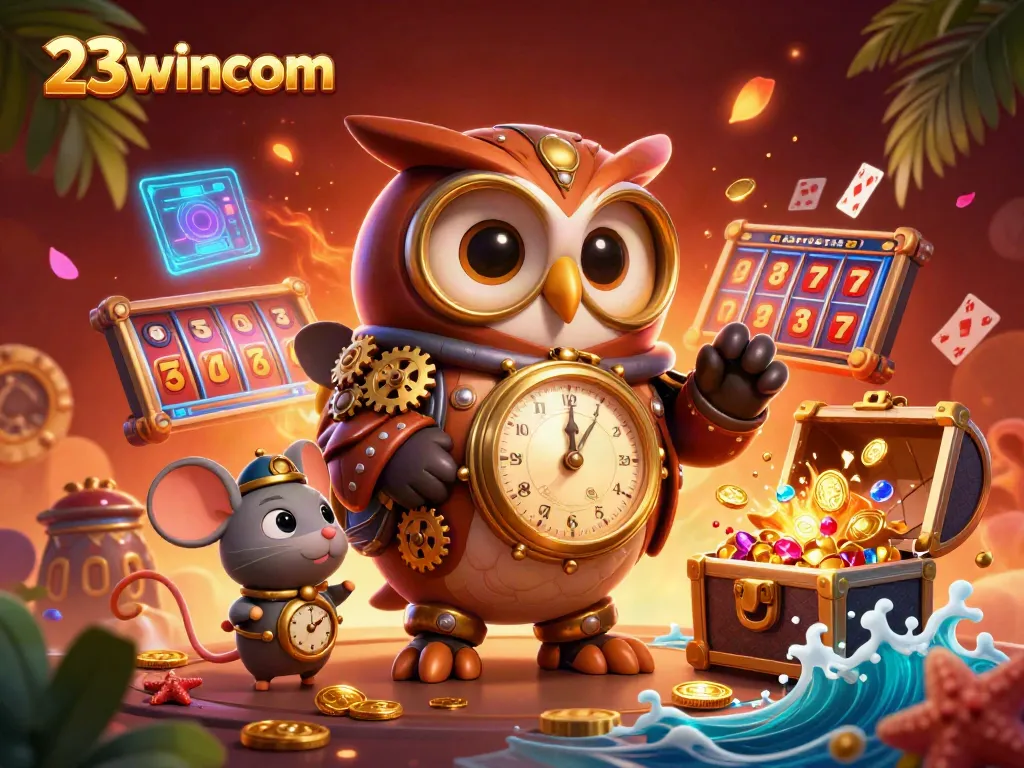 Engage with the thrilling imagery of 23wincom, featuring vibrant casino elements and steampunk characters.