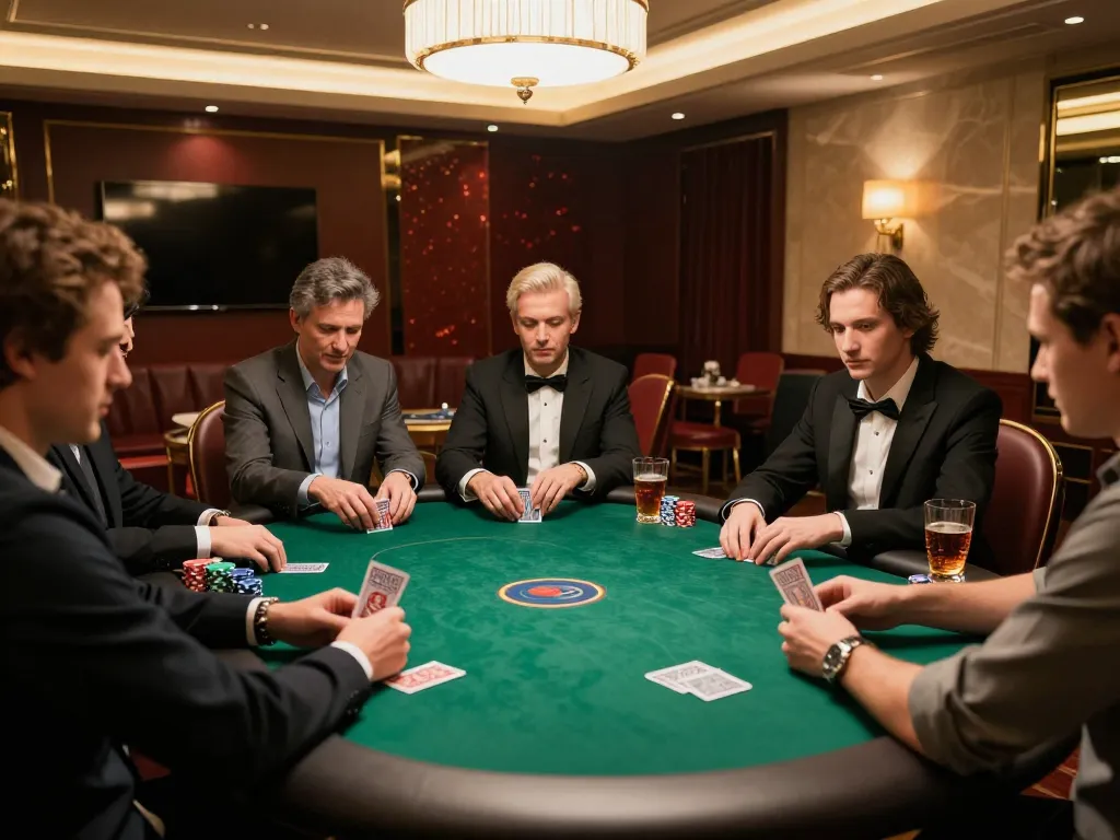 Experience a thrilling poker game at Oxbet with players strategizing their bets and displaying their cards.