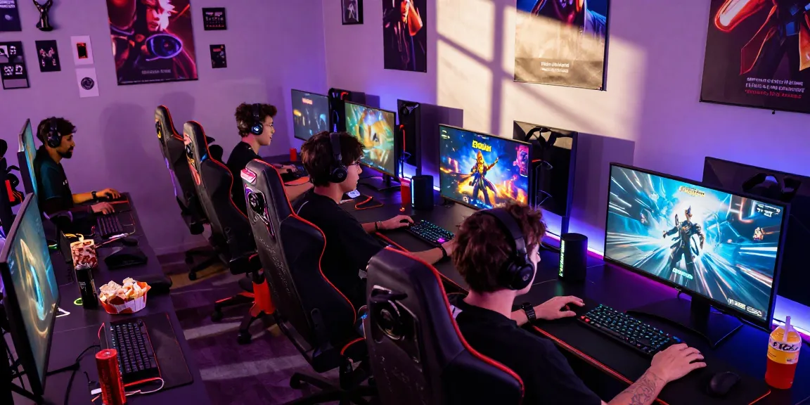 Engaged gamers playing NSFW games in a vibrant gaming lounge with colorful LED lights.