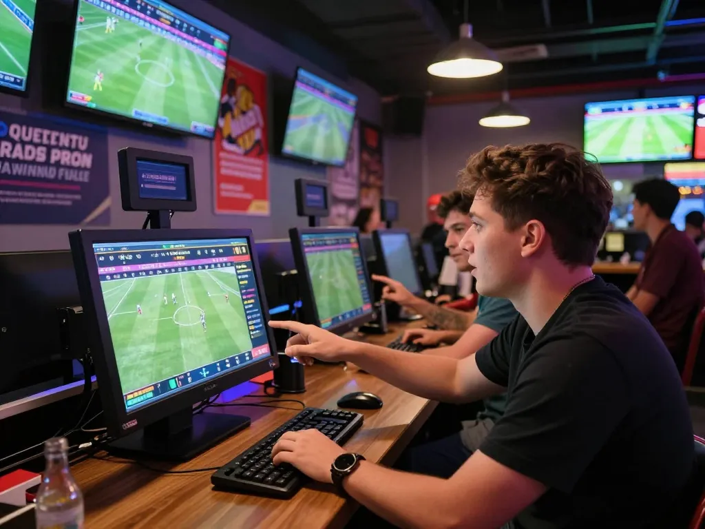 Exciting sports betting environment featuring a bettor using a touchscreen at Nowgoal with live soccer odds.