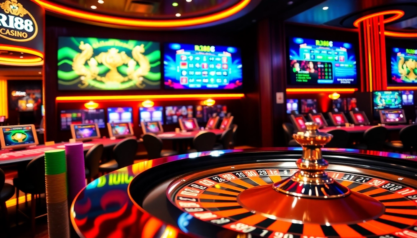 RR88 roulette table with colorful chips and online gambling screens showcasing excitement.