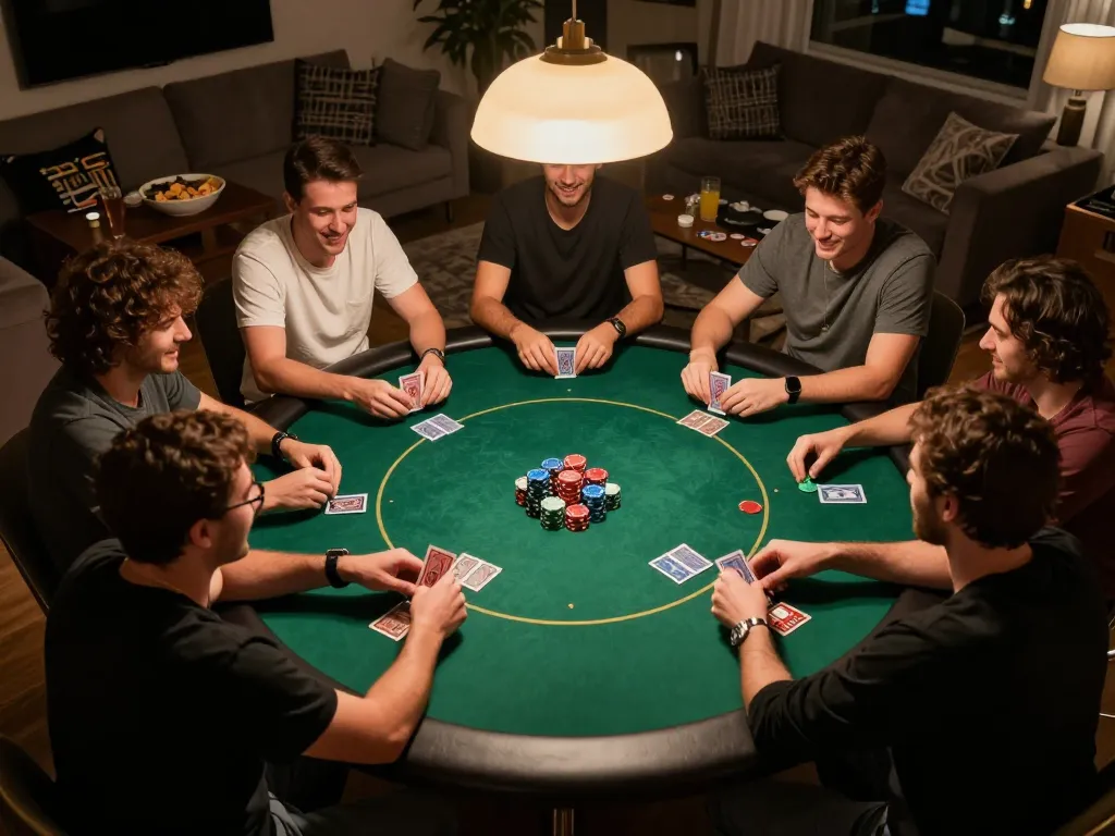 Players engaging in intense home poker game while enjoying drinks and snacks, highlighting okfun experience