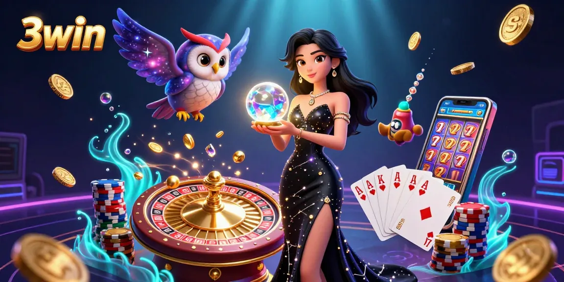 Engage with 3win's premier casino scene featuring a stunning woman and floating gaming elements.
