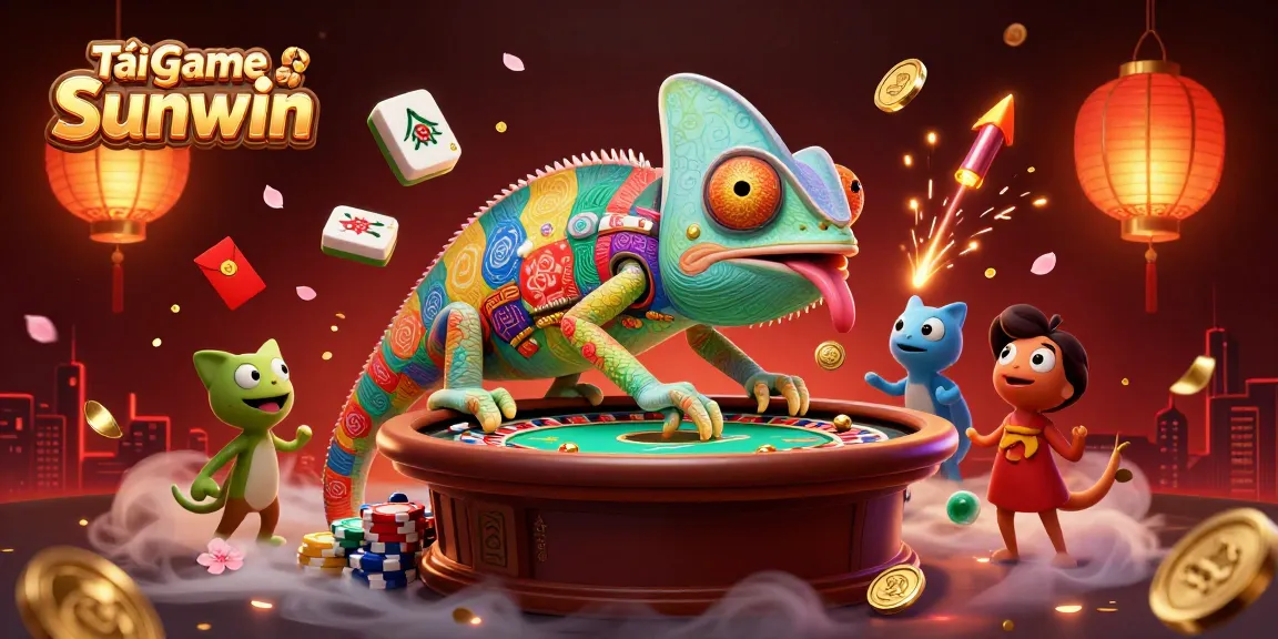 Experience the thrill of Tải game Sunwin in a colorful casino scene with a chameleon owner and vibrant game elements.