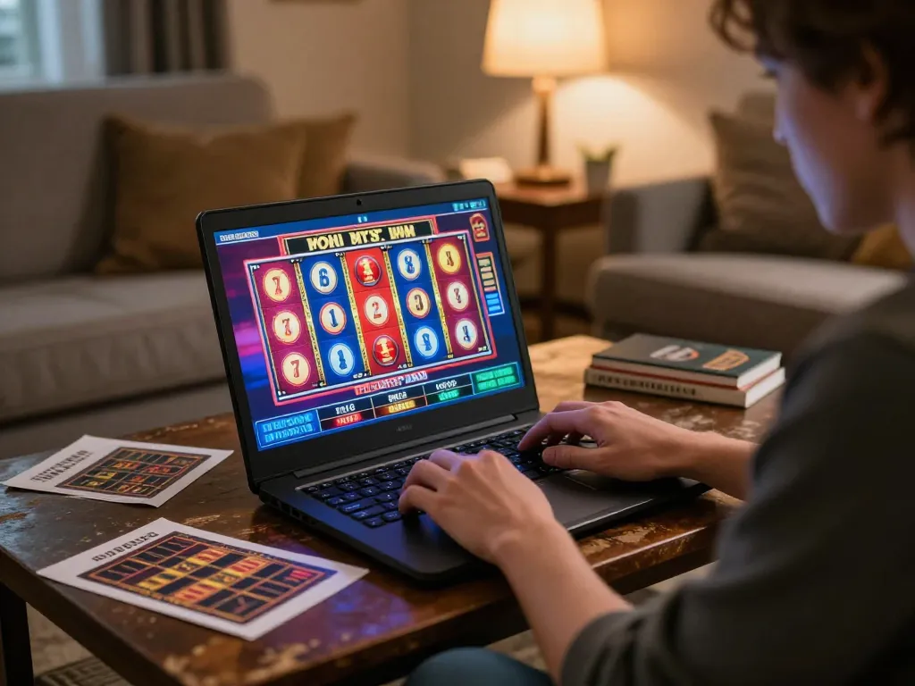 Pucuk138 player enjoying online slots on a laptop in a cozy living room.