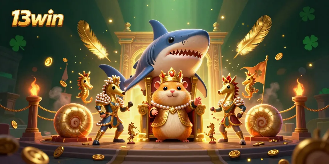 Engage in the thrilling world of 13win with a golden hamster king on a megalodon throne surrounded by vibrant casino elements.