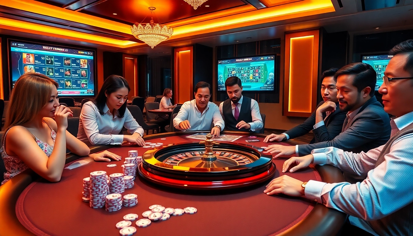 Exciting gameplay at trang chủ gg88 with players at a stylish poker table in a vibrant casino.