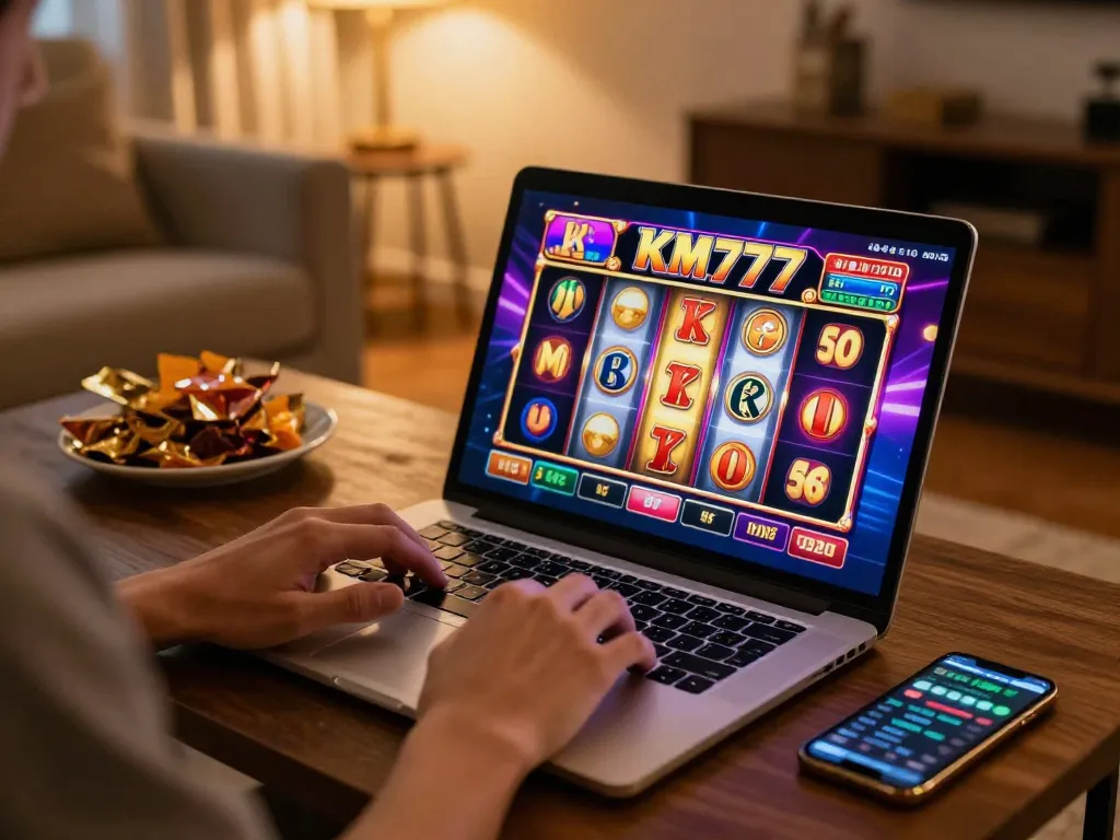 Engaging online gaming moment featuring KM777 casino play on a laptop in a cozy home setting.