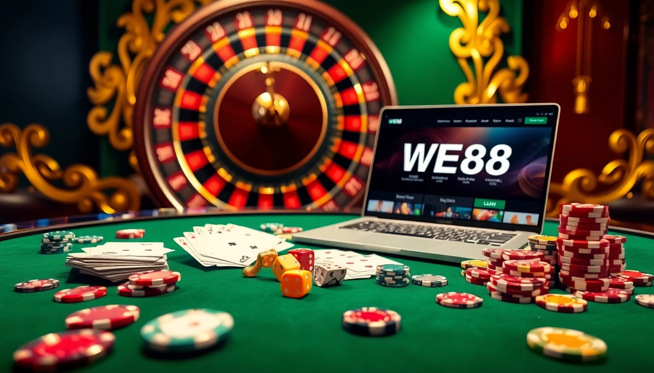 Experience WE88 excitement with a dynamic poker table setup boasting chips and cards.